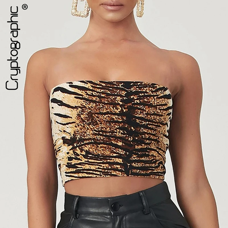 

Cryptographic Casual Slash Neck Strapless Female Tank Tops Fashion Leopard Backless Crop Tops 2019 Tops For Women New Autumn