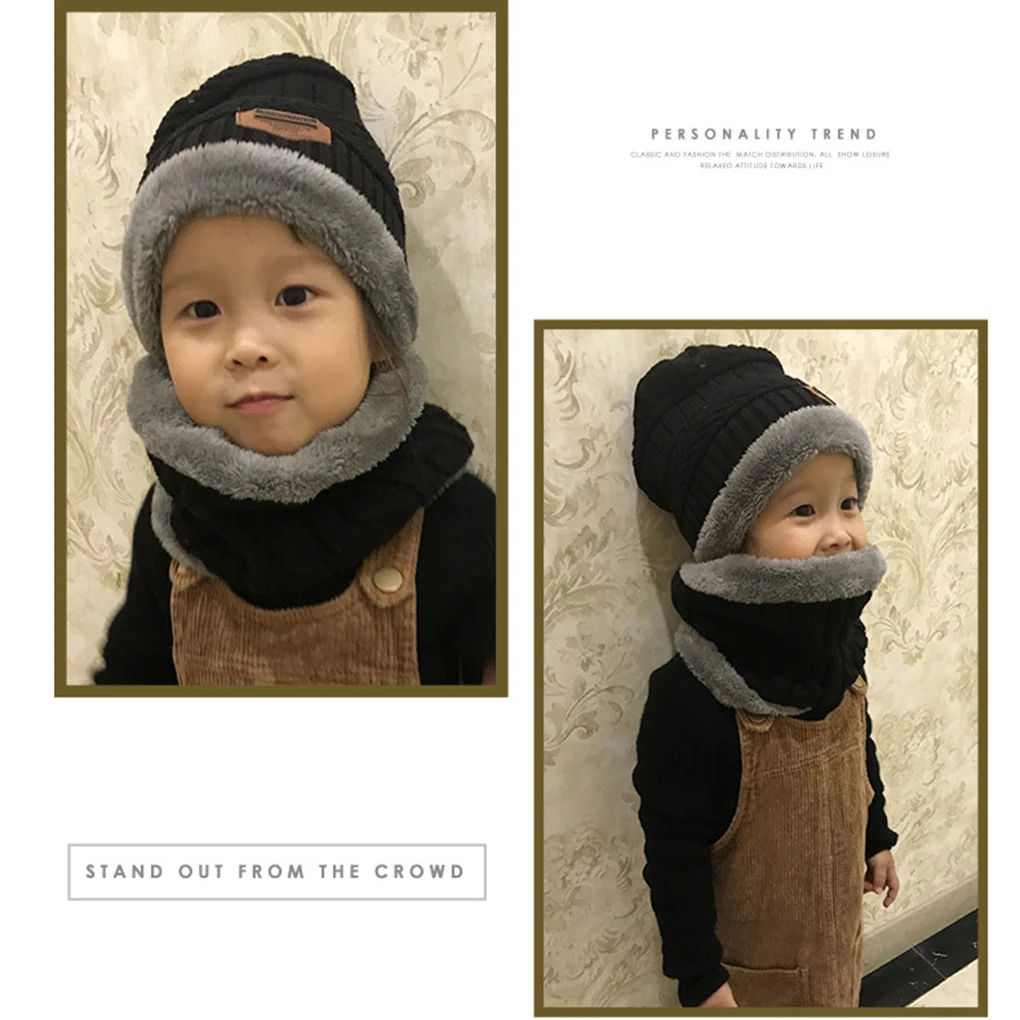 child black Шапки для папы, взрослых, детей, Mn, теплый шарф, набор, зимняя вязаная шерстяная шапочка, толстые теплые лыжные шапочки, шапка для мужчин, детская шапка - Цвет: child black
