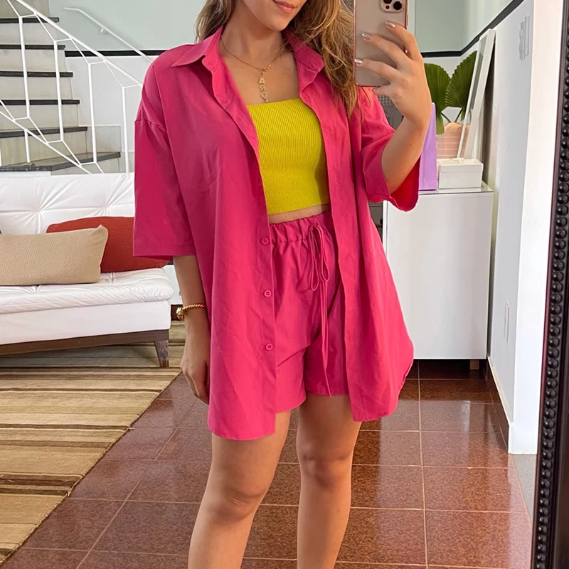 Simplee Casual lace up short sleeve summer set women Loose button two-piece sport sets Elastic waist lapel fitness tracksuits |