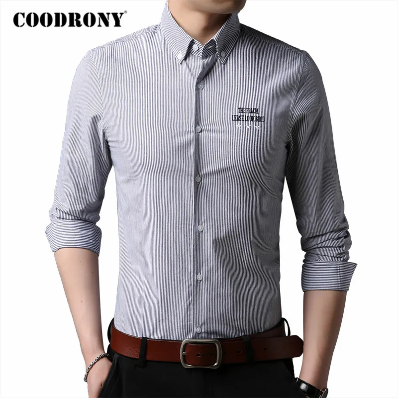 

COODRONY Brand Streetwear Fashion Striped Shirt Men Spring Autumn Casual Shirts 100% Pure Cotton Long Sleeve Chemise Homme C6052