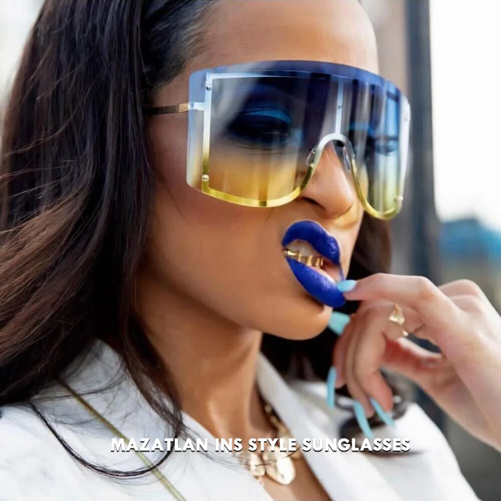 

Mazatlan Oversized Blue Yellow Gradient Sunglasses Women 2019 Luxulry Brand Designer Red Rimless Metal Female Sun Glasses Shades