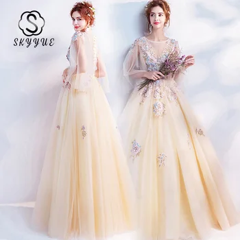 

A-Line Robe De Soiree FR419 Shiny Crystal Banquet Gowns Embroidery Appliques Evening Dress O-Neck Long Sleeve Vestido De Fiesta