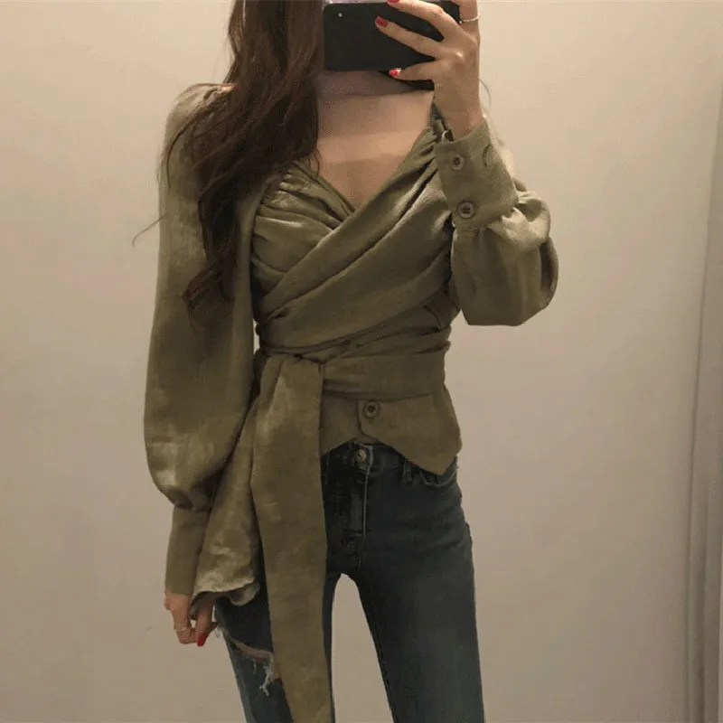 Neploe, Корейская Элегантная блузка, сексуальная, глубокий v-образный вырез, длинный рукав, перекрестная повязка, топы для женщин, весна, с поясом, на шнуровке, Blusas 52099