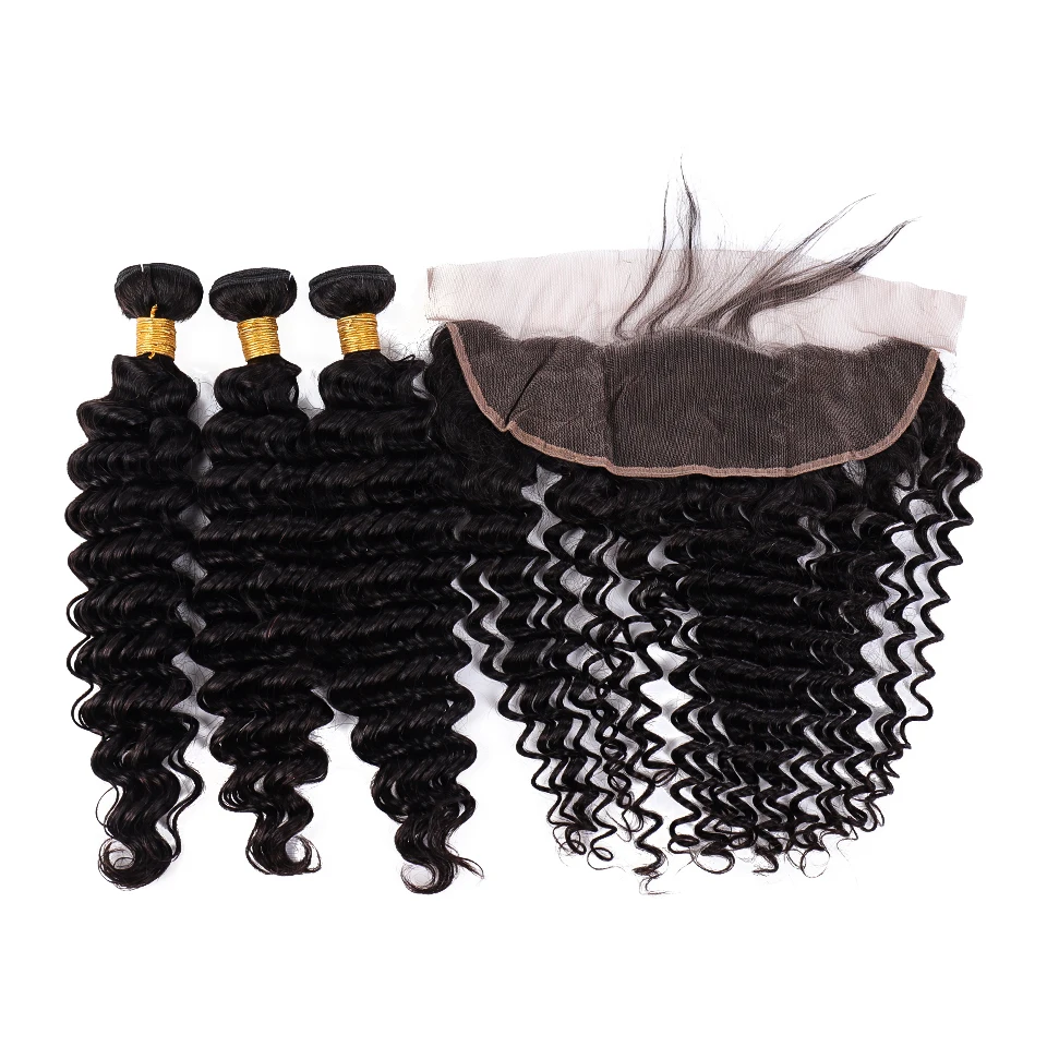 

Salonchat Deep Wave Bundles with Frontal Brazilian Lace Frontal Closure with Bundle Remy Human Hair Bundles with Frontal 13*4