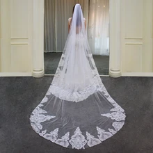 

V689 Luxurious Castle Cathedral Marriage Bridal Veil One-Layer Plain Tulle Lace Appliqued Long Train White Wedding Bride Veil