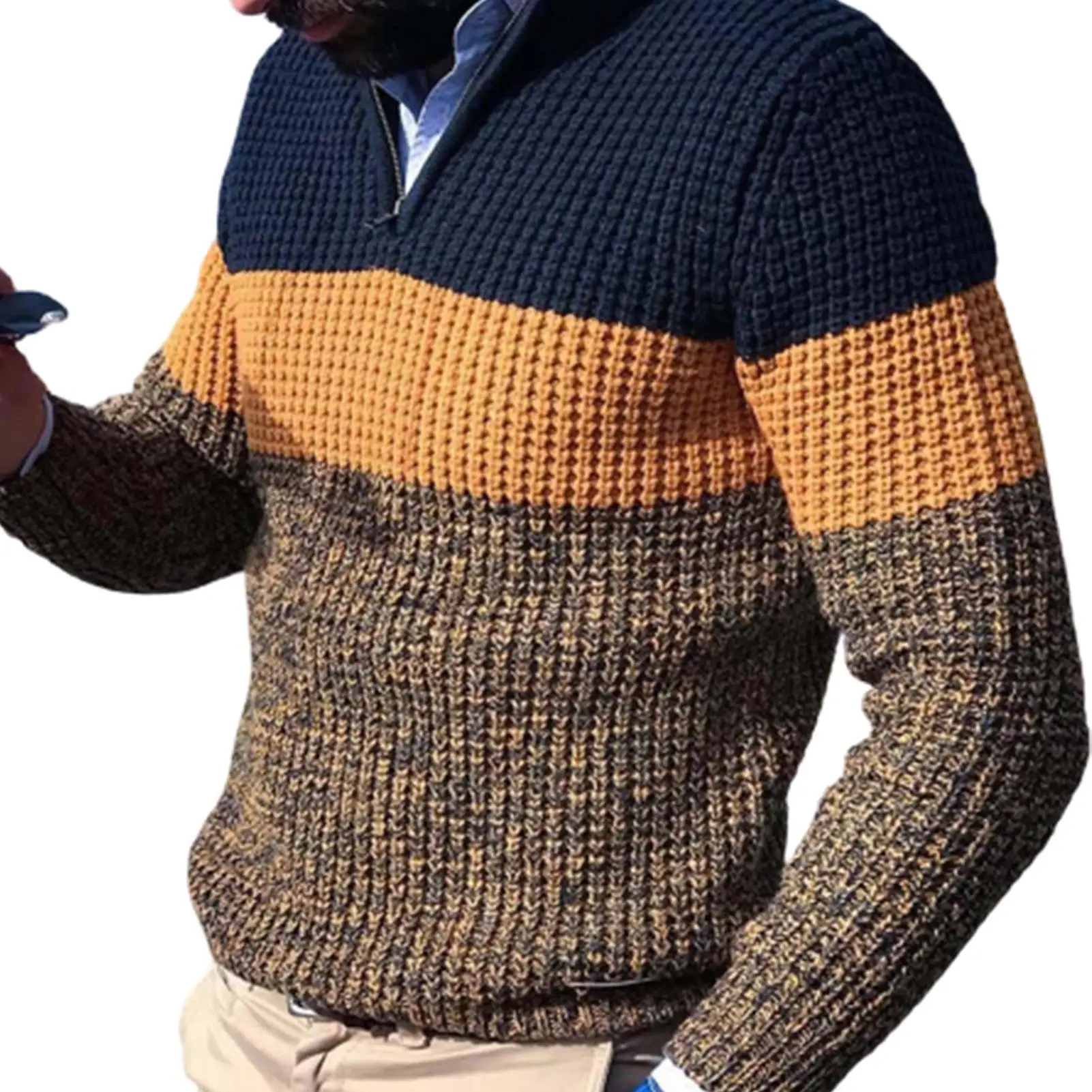 Jersey de manga larga con cuello de pico para hombre, Jersey de punto de bloque de Color, ropa para otoño e invierno, 2020