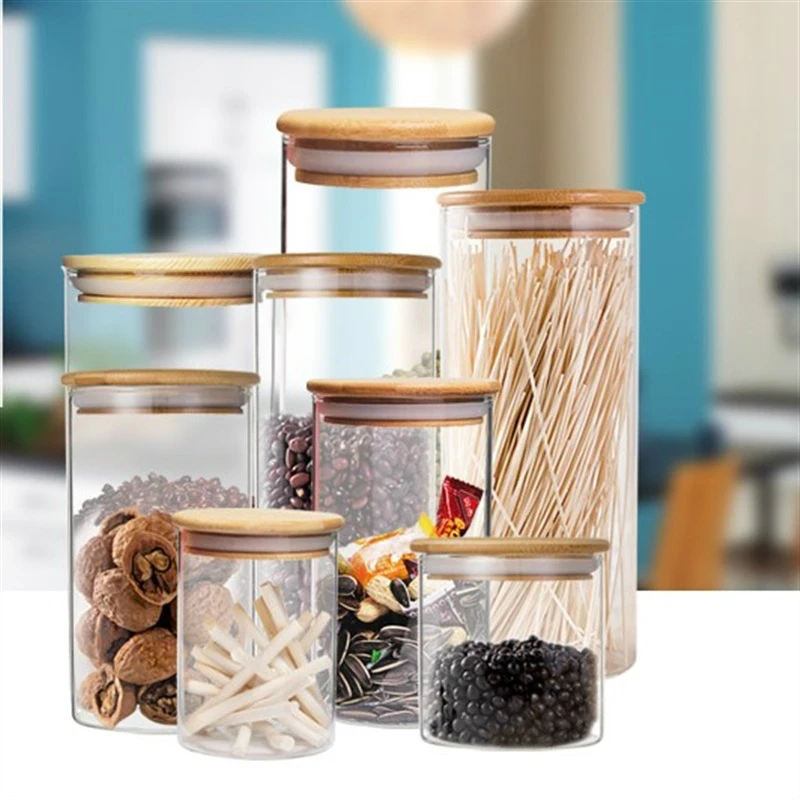 

Kitchen Storage Container Glass Seal Pot Cylinder Food Storage Bottle With Wooden Cover Tea Canister Dried Fruit Candy Jar