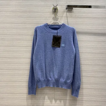 

High Quality Wool Sweater Shirts 2020 Autumn Women Luxury Brand Smiley Face Badge Embroidery O-neck Long Sleeve Knitted Sweaters