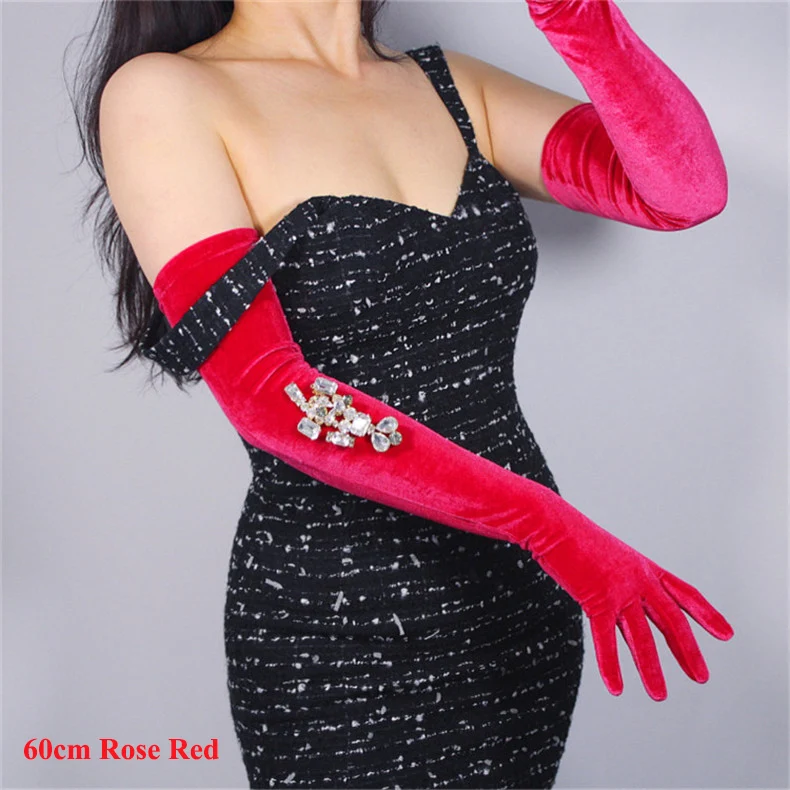 Велюровые перчатки, 60 см, очень длинные, винно-красные, выше локтя, женские, высокие, эластичные, лебедь, бархат, золото, велюр, сенсорный экран, для женщин, WSR03