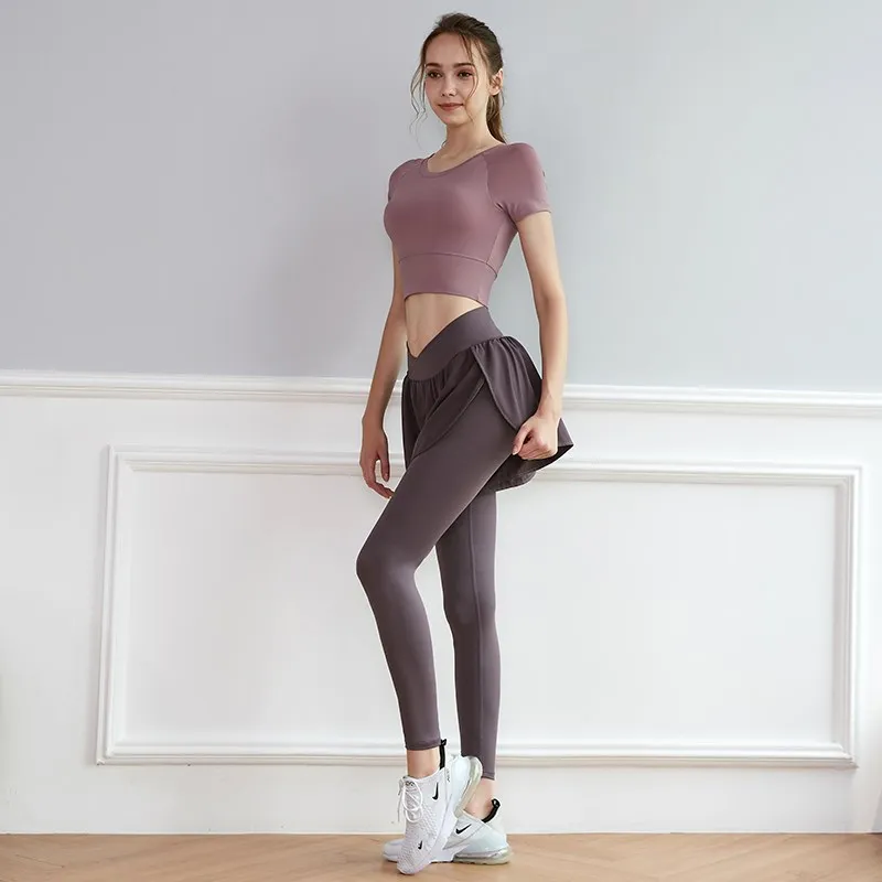 2PCS Women Yoga Set  Fitness Clothing High Waist Leggings Sports Suits Gym Set Female Sportswear Short Sleeve Workout Clothes