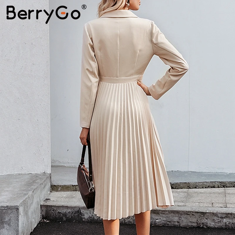 BerryGo элегантное однотонное длинное платье с оборками, женская уличная одежда с длинным рукавом, Осеннее праздничное платье, сексуальное Плиссированное женское офисное платье с лацканами