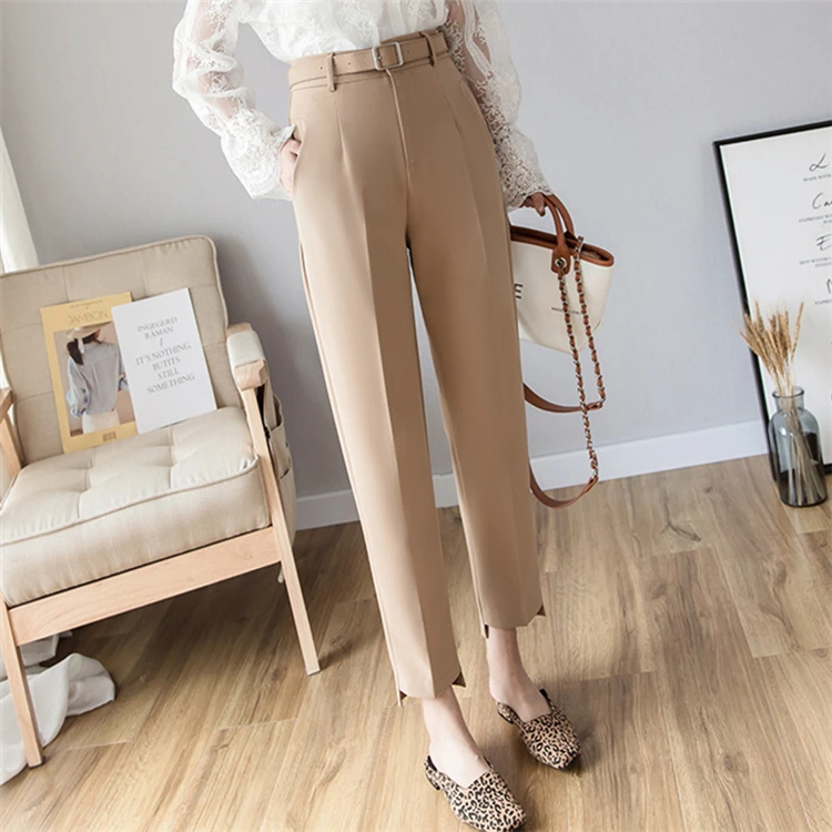 

2020 Autumn Winter Women Pants High Waist Loose Formal Elegant Office Lady Korean Style Ankle-Length Pants Office Lady Pockets