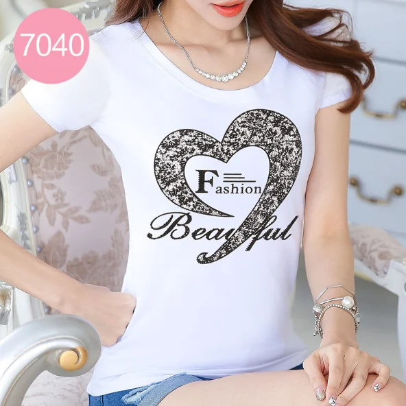 7040 XXXXL 4XL женские Стразы бусинки футболки с короткими рукавами для женщин со стразами топы белого цвета Бисер печать Летняя женская обувь хлопковые футболки - Цвет: 7040