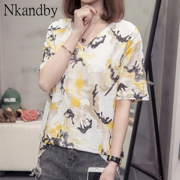 

Plus Size Camouflage Tops Tees Women Summer Trendy Loose Short Sleeve V Neck Bamboo Cotton T-shirt Oversizd Femme Shining Tshirt