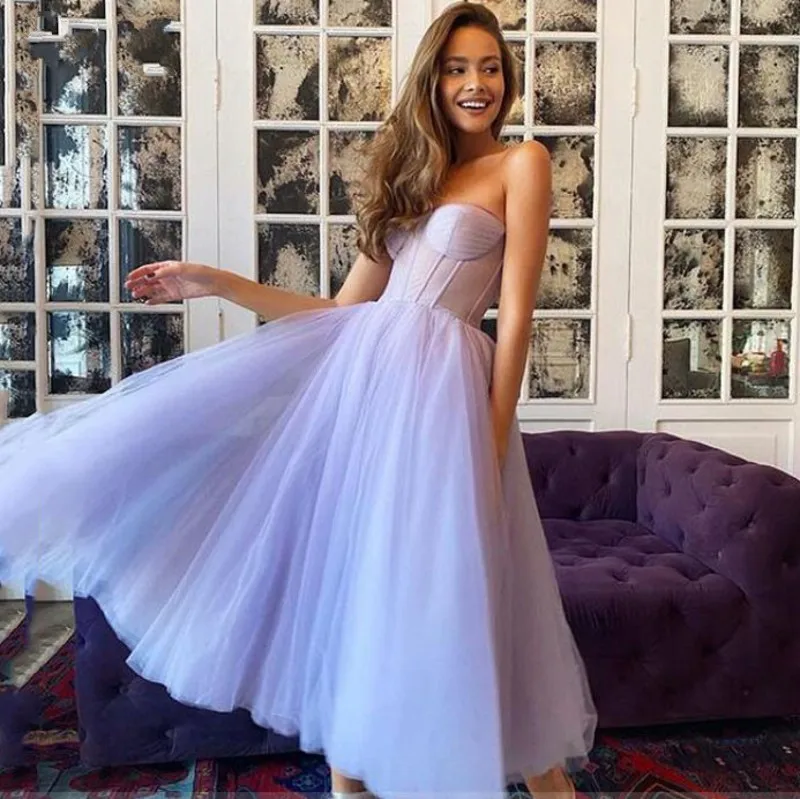 

Hot Sale Lavender Sweetheart Short Evening Dress A-line Tea Length Corset Formal Party Gowns Abendkleider Robes de Soirée