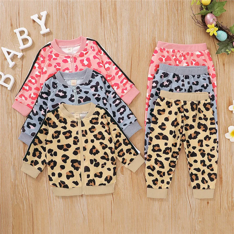

Kids Baby Girls Fashion 2-piece Outfit Set Long Sleeve Zipper Leopard Top and Pants Set ChildrenAutumn Warm Clothing