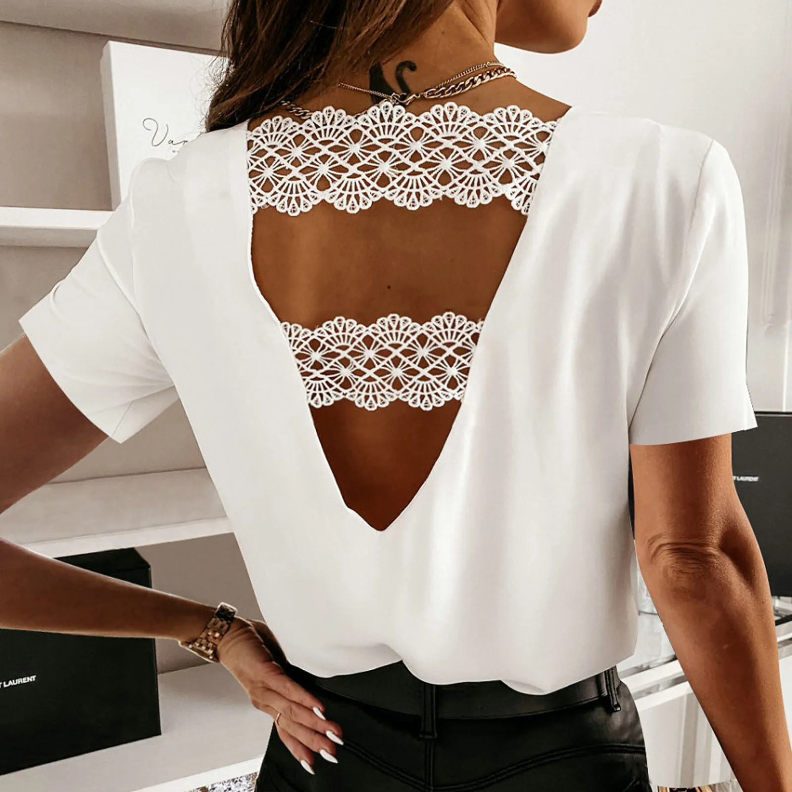 #40 mujeres sin respaldo blusas, Tops de encaje de manga corta Sexy corte informal de encaje en la espalda blusa Tops camisetas elegantes Топ