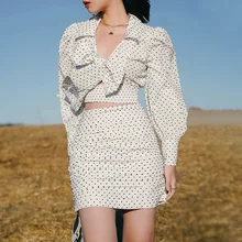 

2021 Spring New Fashion Two-piece Set Sweet V-neck Hollow Bow T-shirt + High Waist Mini Skirt Elegant Temperament Polka Dot Suit