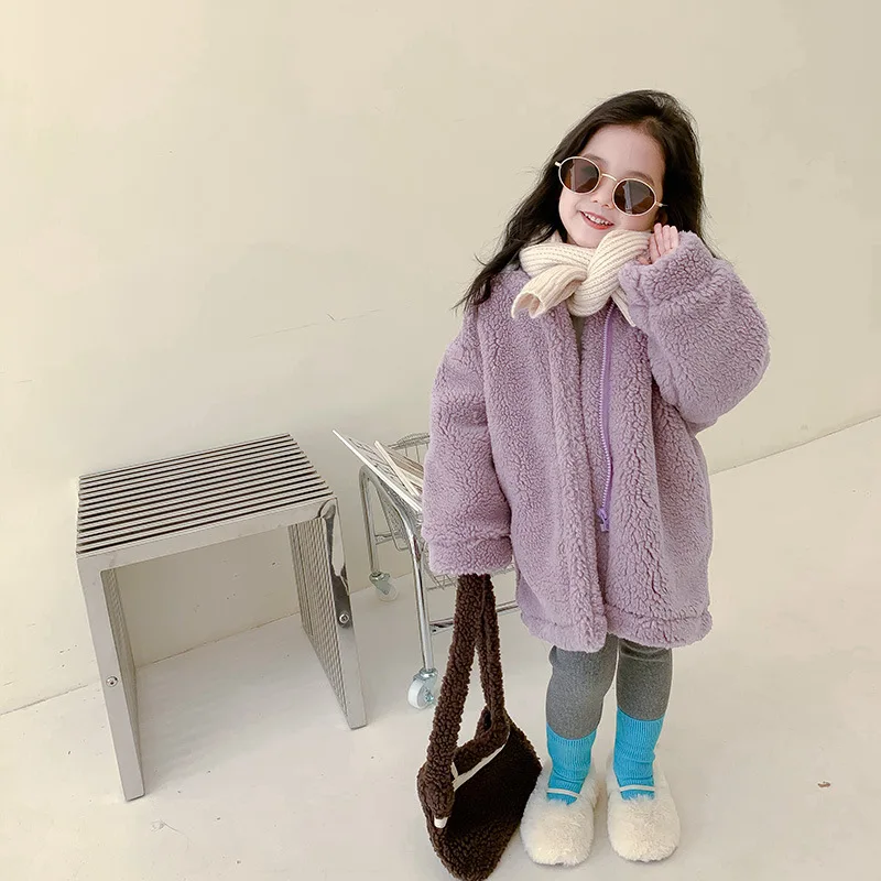 

Girls Lambswool Coats 2022 Autumn Winter New Solid Color Hooded Sweet Jacket Kids Thick Warm Overcoat Children Outerwear