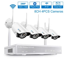 A-ZONE, CCTV камера, система безопасности, комплект, беспроводной, 8 каналов, 4 шт., 1080 P, МП, NVR, IP67, водонепроницаемый, P2P, домашняя, Wifi, система видеонаблюдения