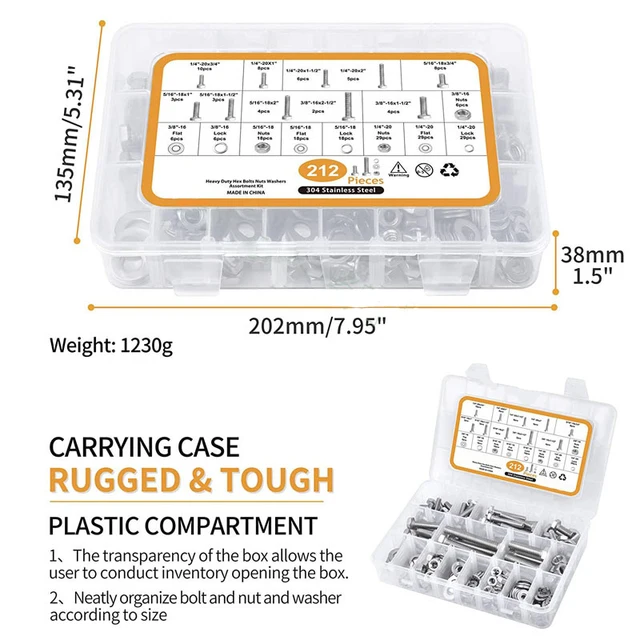 212 Pcs Unc Racillex Acél 304 Külső Hatszögletű Csavarválaszték 1/4 "20-3/8" - Image 6