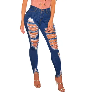 

2019 New Dark Blue Jeans Pancil Pants Women High Waist Slim Hole Ripped Denim Jeans Casual Stretch Sexy Trousers Jeans#B