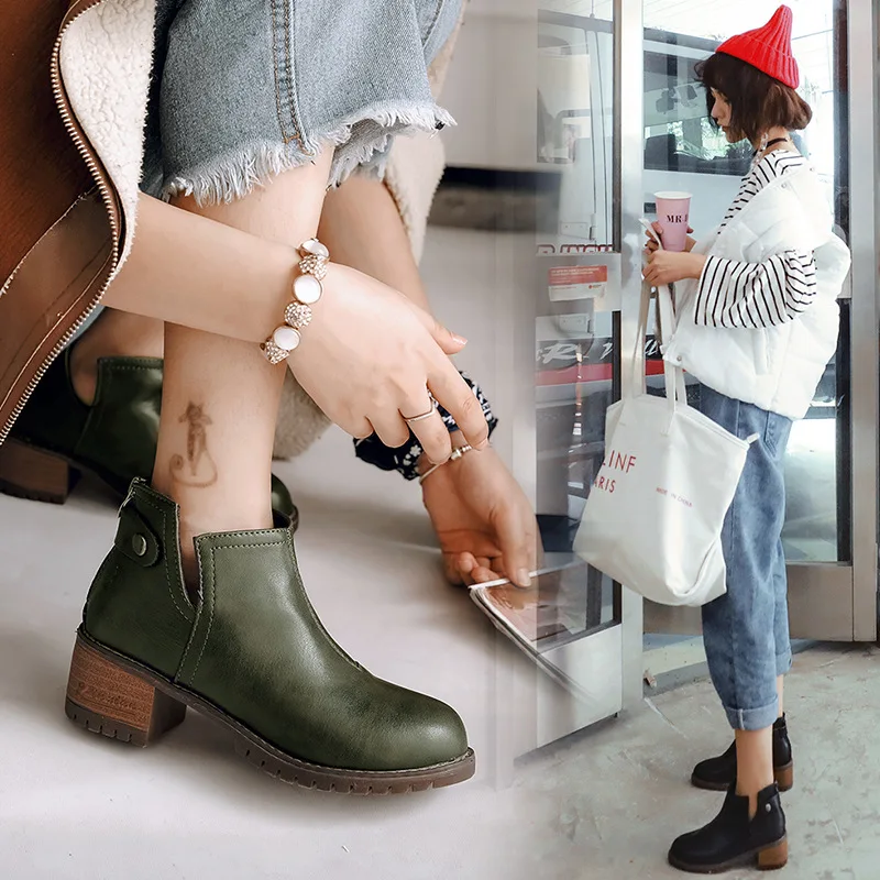 

Round Toe PU Fashion Ankle Boots Women Low Sewing Platform Solid Chelsea Boots Square Heel Casual Slip-On Winter Shoes Plus Size