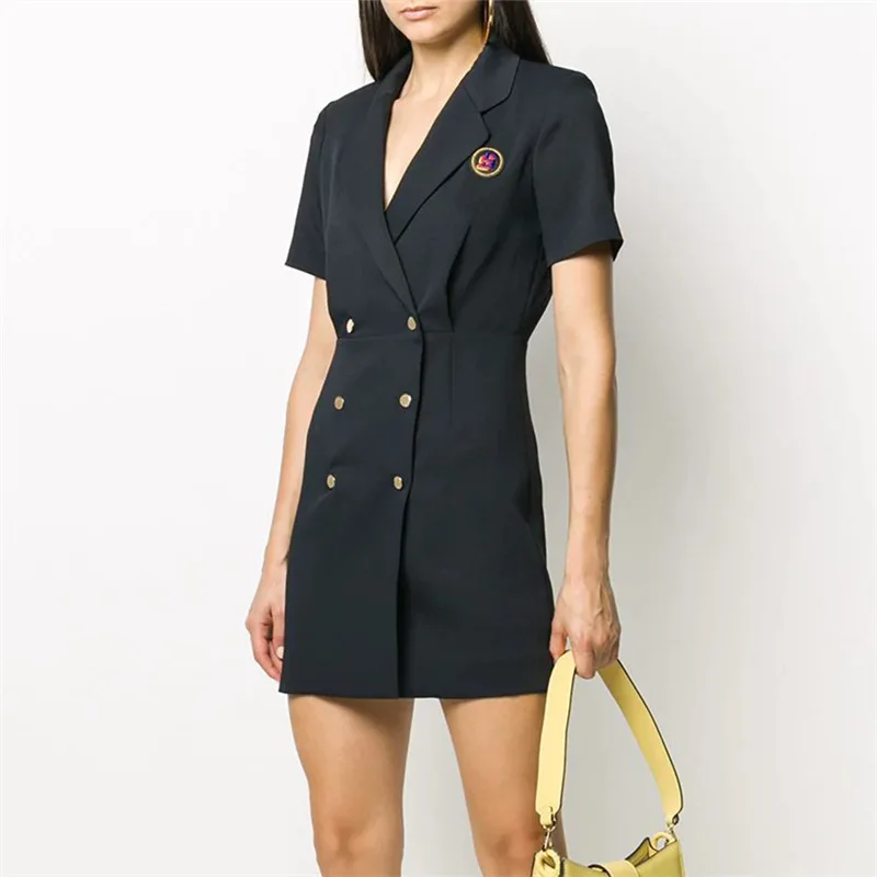 

New 2020 Spring Summer Women's Multicolor Logo Navy Uniform Temperament Dress Double-breasted Metal Buttons Dress