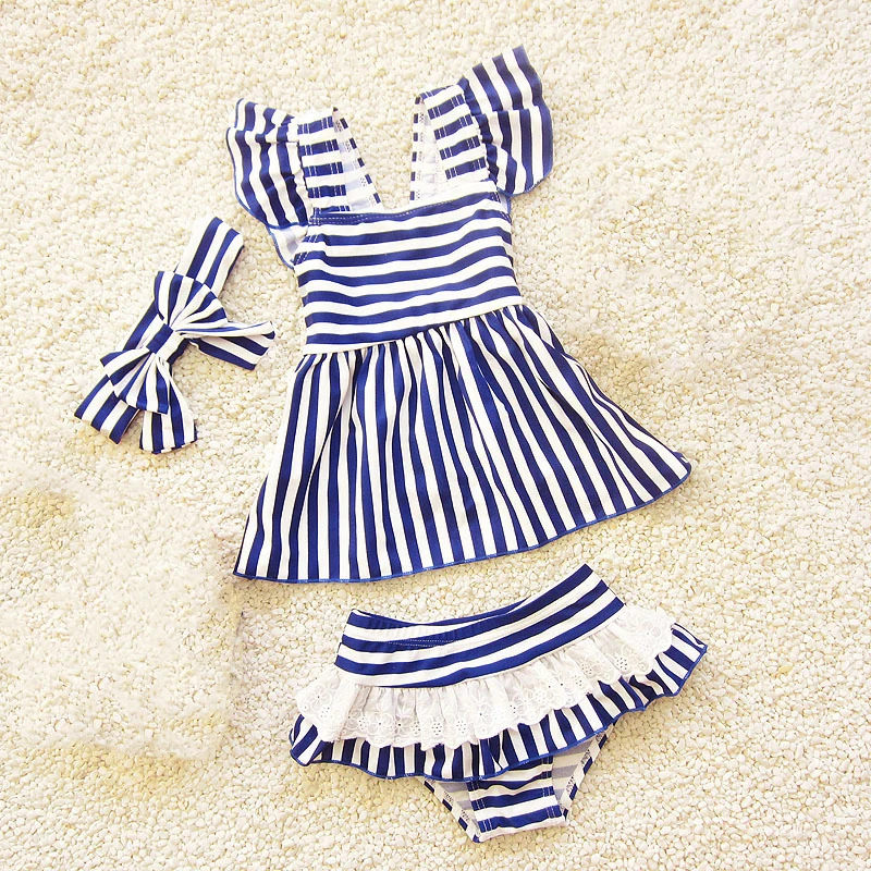 

2020 Striped Baby Girls Swimwear Lace Flounced Kids Bathing Suit Cute 3 PCS Children Swimming Clothes Summer Beach Swimsuit
