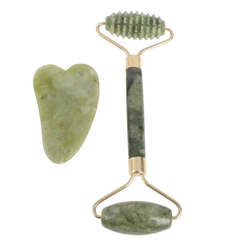 2PCs Facial Massage Roller Guasha Board Double Heads Natural Jade Stone Face Lift Skin Relaxation Slimming Beauty Neck Thin Lift