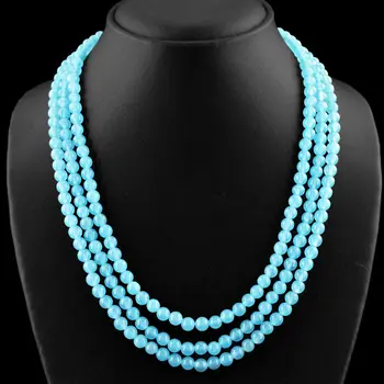 

NATURAL RICH BLUE CHALCEDONY 3 STRAND ROUND SHAPE BEADS NECKLACE