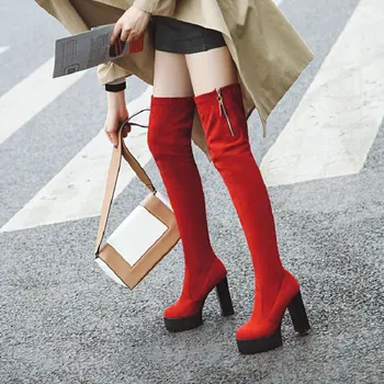 

2021 winter nubuck stretch fabric womens winter boots platform block high heels thigh high over-the-knee overknees boots size 48