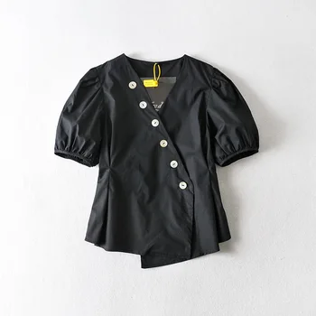 

2020 women elegant v neck buttons irregular black white color blouse ladies puff sleeve shirts leisure chic chemise tops LS6557