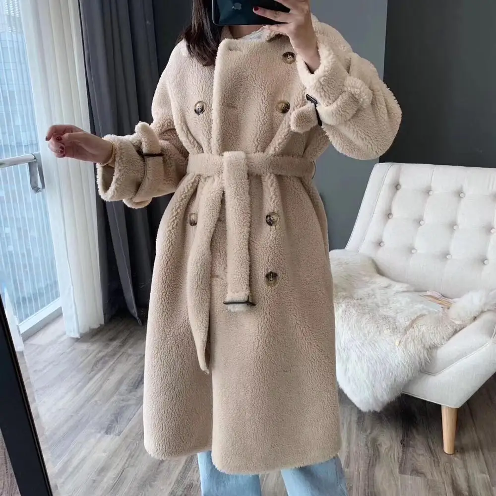 

Faux fur coat plus size winter coat women teddy bear coat 2019 thick warm double breasted 30% real sheep fur long woolen jacket