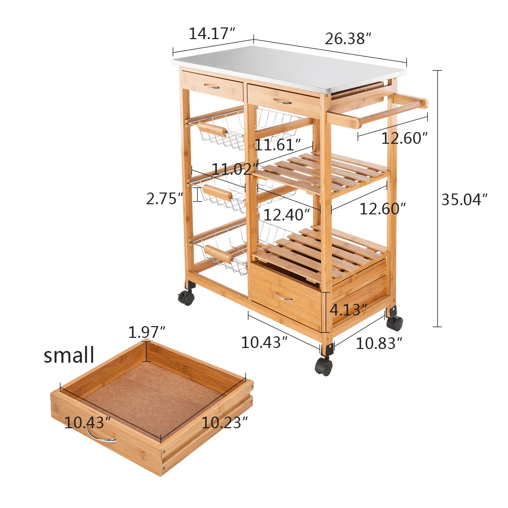  FCH Moveable Kitchen Cart with Stainless Steel Table Top & Three Drawers & Three Baskets Burlywood - 4000200401252