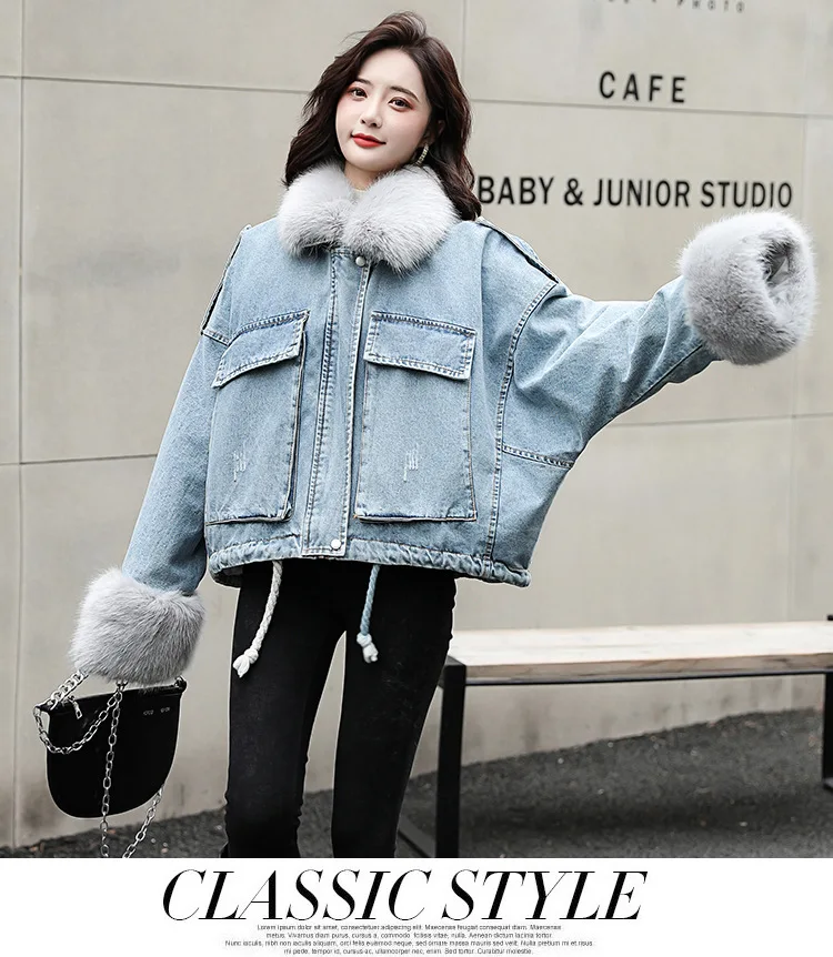 Модная Корейская утолщенная женская джинсовая куртка зима с длинным рукавом и большим меховым воротником, теплые женские джинсовые пальто, верхняя одежда