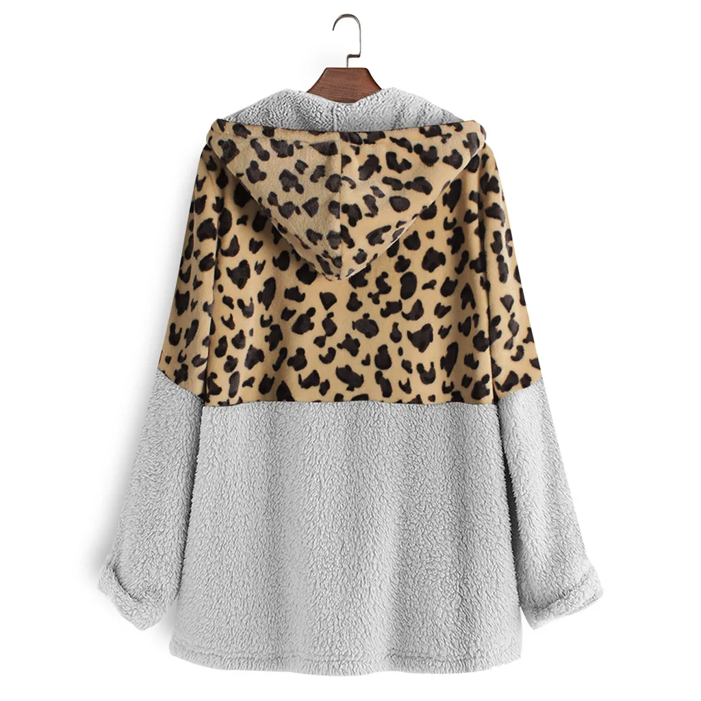 Female Jacket Plush Coat Women's Windbreaker Winter Warm Outwear Leopard Print Hooded Pockets Vintage Oversize Coats Plus Size