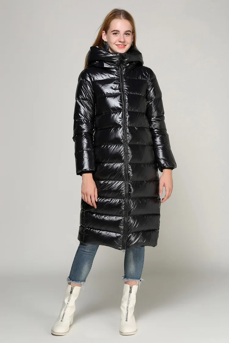 Длинная черная Женская пуховая куртка с капюшоном, толстая зимняя куртка на молнии, плюс размер, ветрозащитная зимняя куртка, 90% белый