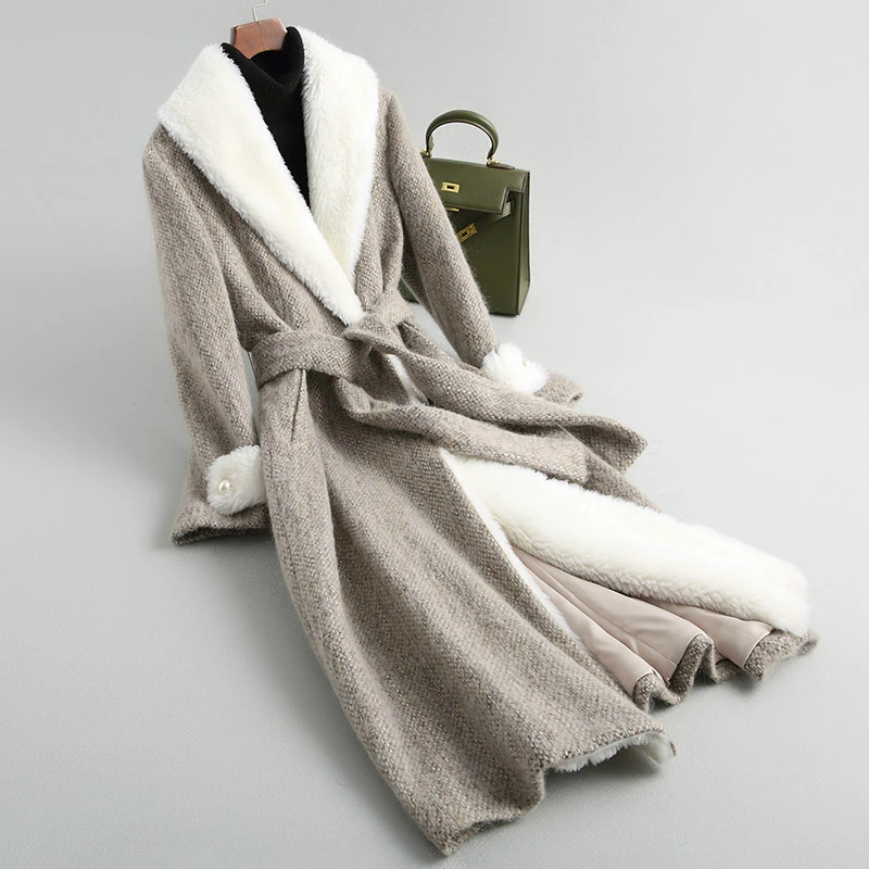 

Fashion Wool Tweed Coat Women Long Natural Lamb Fur Trim Thick Winter Female Jacket With Blet Coats 38045 WYQ3837