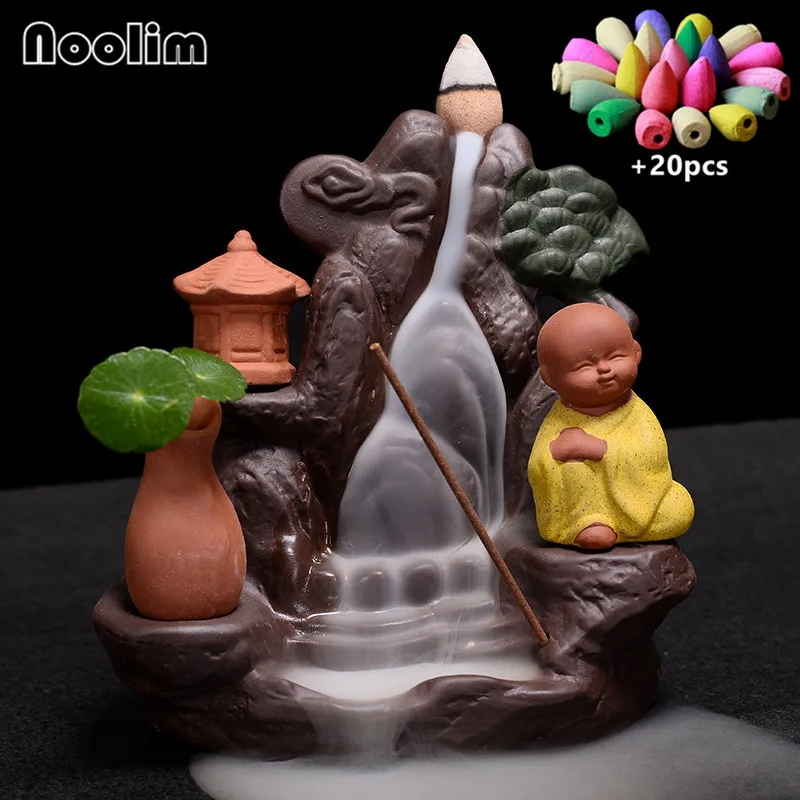 With 20pcs mixed-D Керамический маленький монах курильница для благовоний горелка креативная подставка для ароматических палочек домашний декор ароматерапия водопад курильница+ 20 шт. конусов - Цвет: With 20pcs mixed-D
