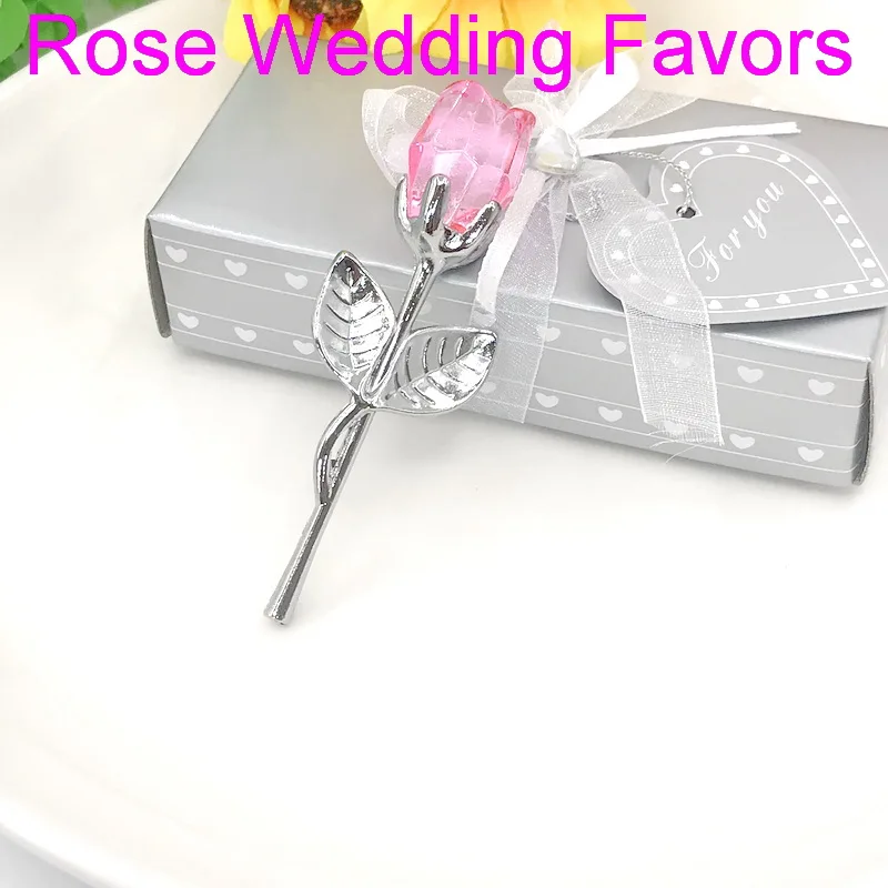 

(18pcs/Lot)FREE SHIPPING+Pink Crystal Rose with Silver Long Stem Bridal Shower Favors Romantic Wedding Party Return Gift