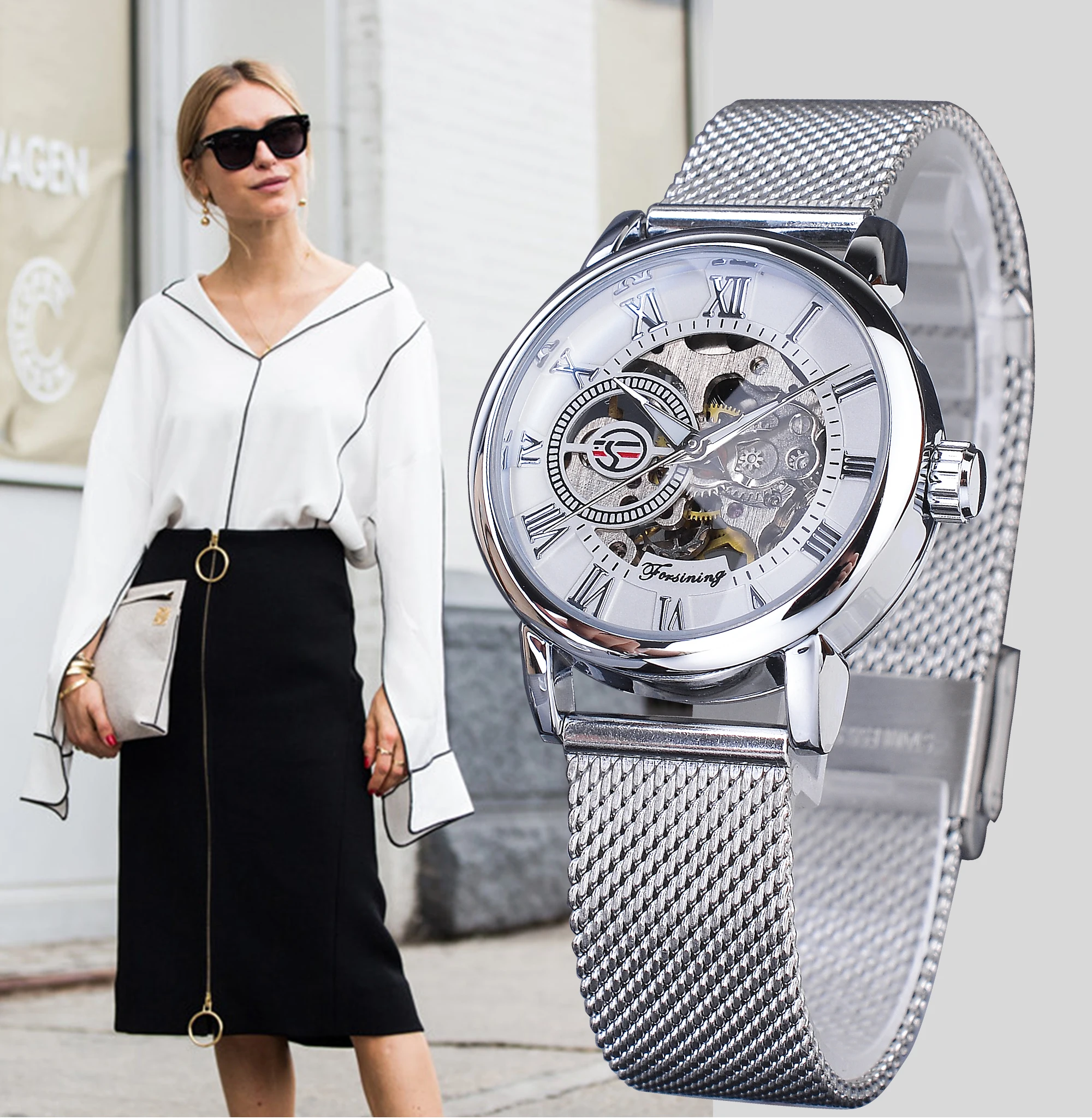 Forsining Fashion Women's Luxury Rose Golden Mechanical Watch Roman Numerals Transparent Skeleton Watches Stainless Steel Clock