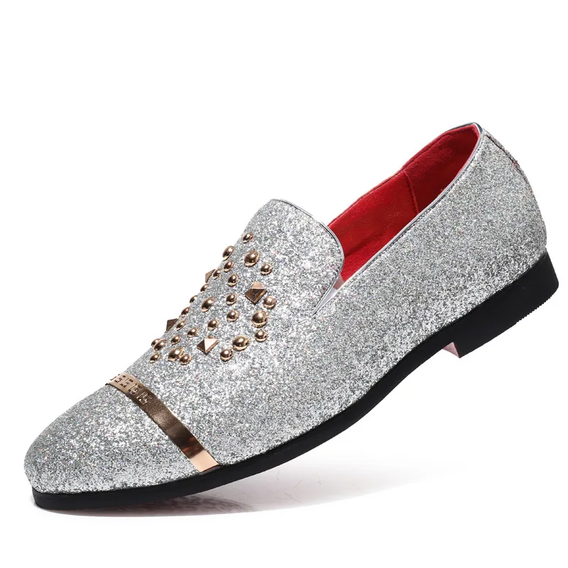 

38~48 Large Size Gold Silver Metallic Sequin Rivet Loafers Slip On Dress Shoes Men Pointed Toe Formal Wedding Suit Leather Shoes