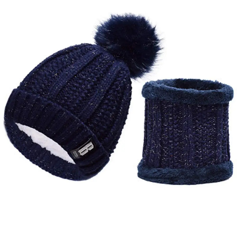 2Piece set Beanie Hat Womens Winter Thick Beanie Scarf Set Girls Cute Pom Warm Knit Ski Hat with Fleece Lined