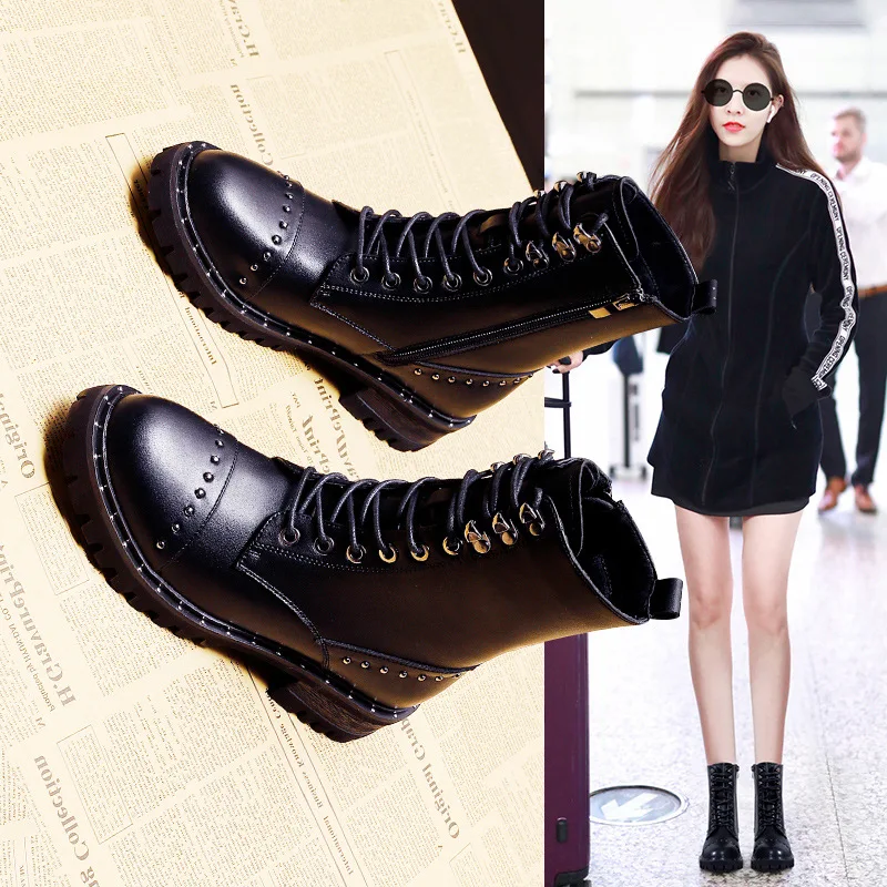 

Women's Boots Autumn Shoes Round Toe Winter Footwear Boots-women Booties Ladies Luxury Designer Lace Up Lolita Med 2020 Ankle