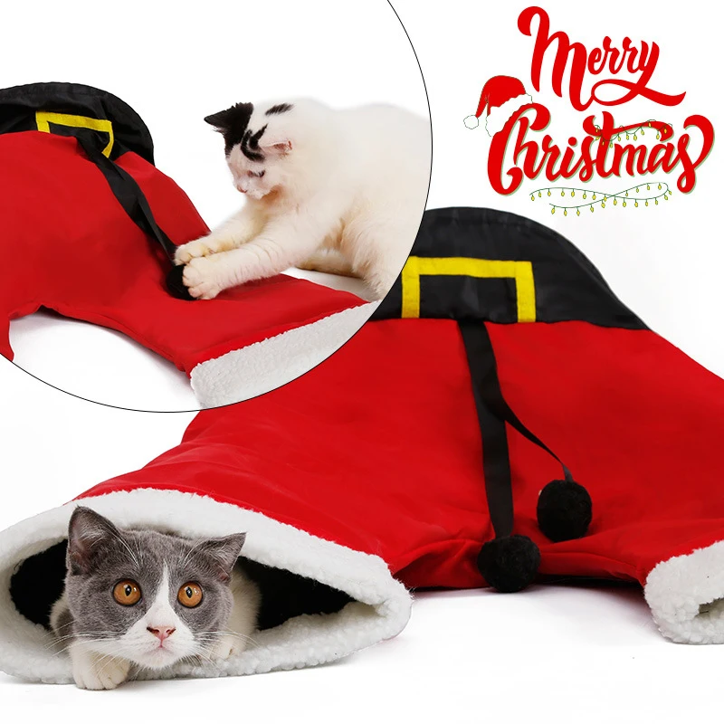 

Collapsible 3 Way Cat Tunnel Tube Winter Warm Pet Cats Tunnel Bed Santa pants Shape Funny Interactive Kitty Kitten Toys