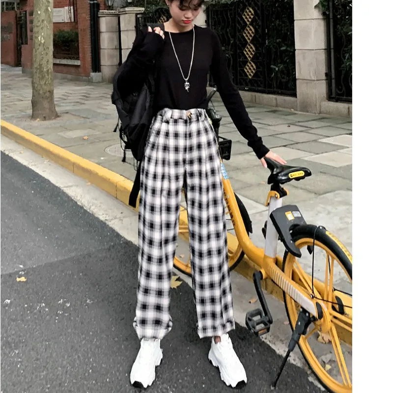 Pantaloni scozzesi Baggies stile coreano studentesse Jokers pantaloni a  griglia pantaloni a scacchi bianchi e neri pantaloni scozzesi larghi  donna|Pants \u0026 Capris| - AliExpress