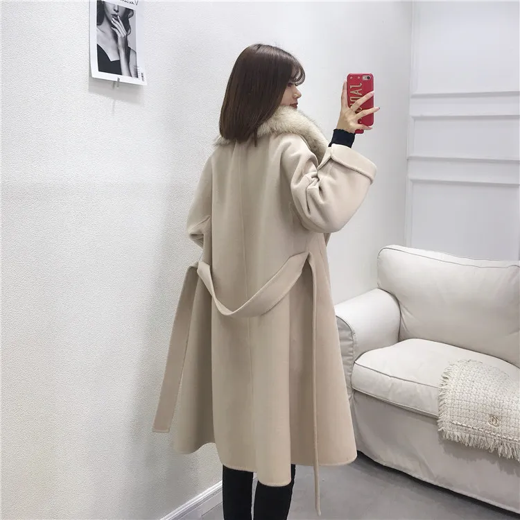 Современное ветрозащитное шерстяное пальто из натурального Лисьего меха, свободное, очень удобное, для работы, теплое длинное пальто для женщин,, повседневное новое пальто