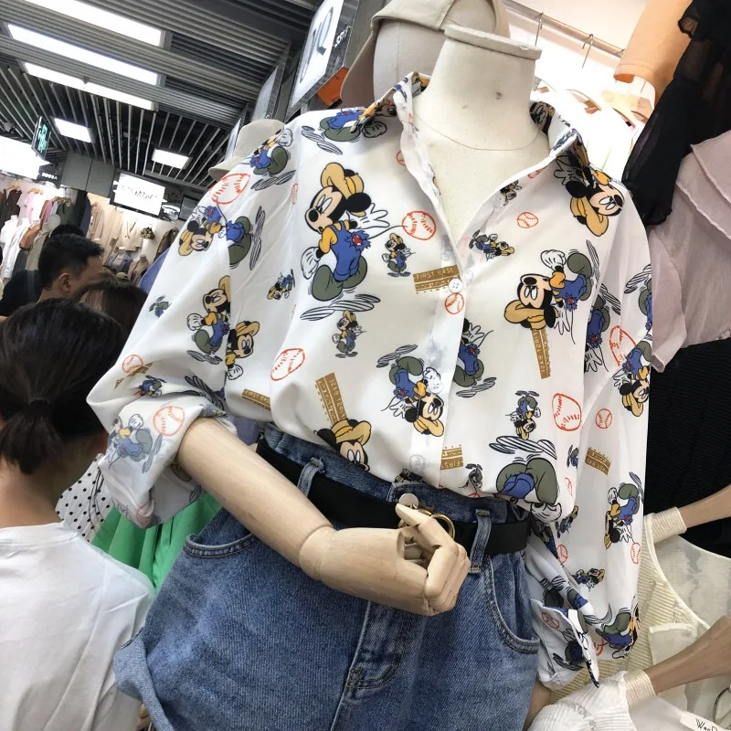 

2019 Autumn Summer Women Mickey Cartoon Shirts Blouse Tops Printed Long Sleeve Casual Female Clothes White Shirt Cute Sunscreen