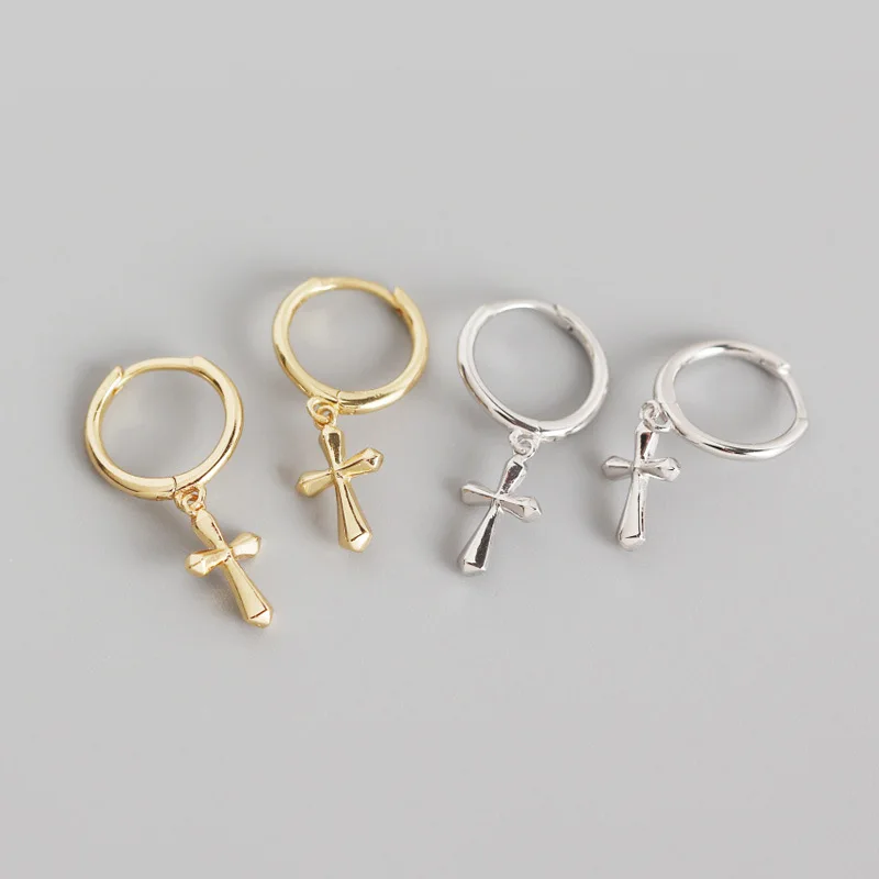 

1Pair Real 925 Sterling Silver Cross Pendant Earrings Female INS Minimalist Golden Small Earrings Gothic Punk Jewelry Mujer